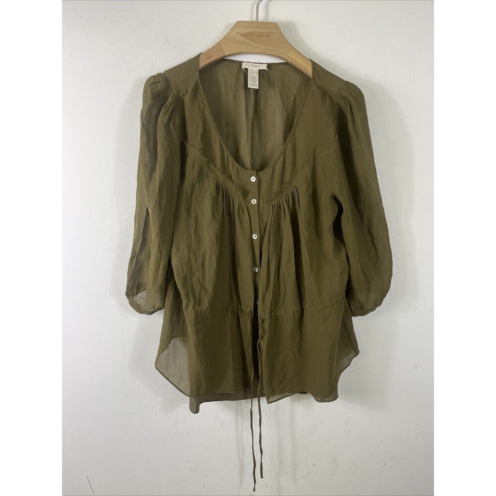 J Crew Women Silk Button Up Shirt Pleated Fringe Slip Lining Olive Green Sz 12